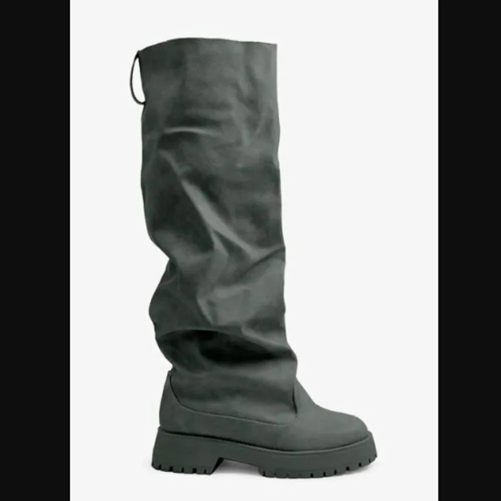 GREY CREAM DISTRESS OVER THE KNEE CRUNCH BOOT